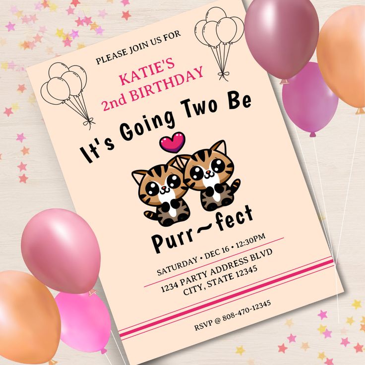 a birthday card with two kittens and balloons