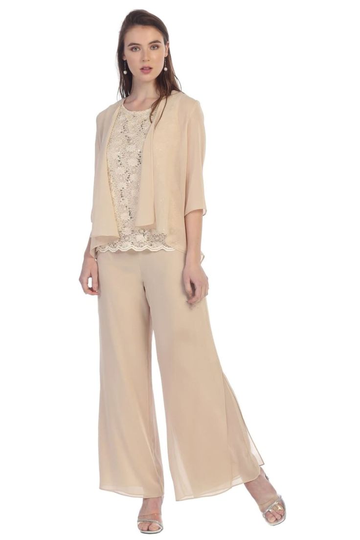 FINAL SALE! Mother Of The Bride 3 Piece Pant Suit - CHAMPAGNE / S Elegant Beige Pants For Wedding, Elegant Beige Wedding Pants, Spring Chiffon Sets For Wedding Guests, Spring Wedding Guest Chiffon Sets, Elegant Spring Pantsuit For Wedding Guest, Elegant Spring Wedding Guest Pantsuit, Elegant Lace Sets For Spring, Elegant Pant Set For Spring Evening, Elegant Beige Pantsuit For Spring