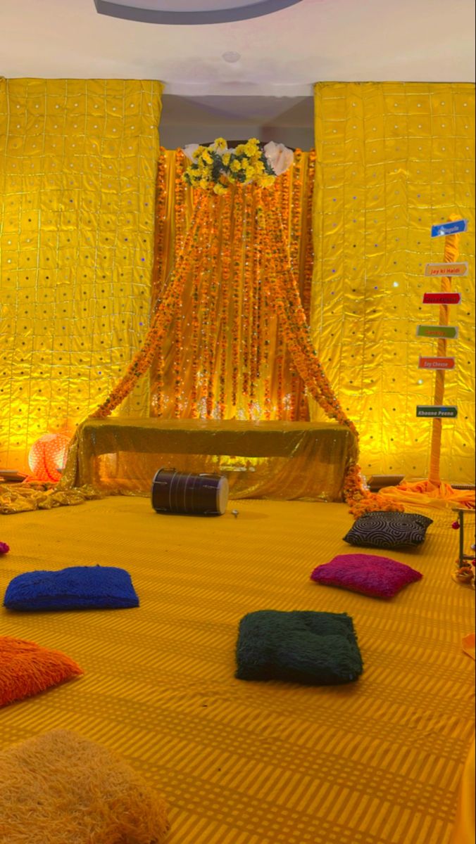 The most colourful event in any wedding is Mehndi/ Ubtan. It's colour make rest of the Events memorable. . Decor done for @ghulamnabik . For more info and queries Dm us and contact 03078213939 Home Decor For Mehndi Function, Mehedi Home Decoration, Bridal Shower Setup At Home, Mehndi Function Decoration Ideas, Mayo Decoration At Home Pakistani, Mehndi Setup Decor At Home, Mayo Decoration At Home, Pakistani Mehndi Decor At Home, Dholki Setup At Home