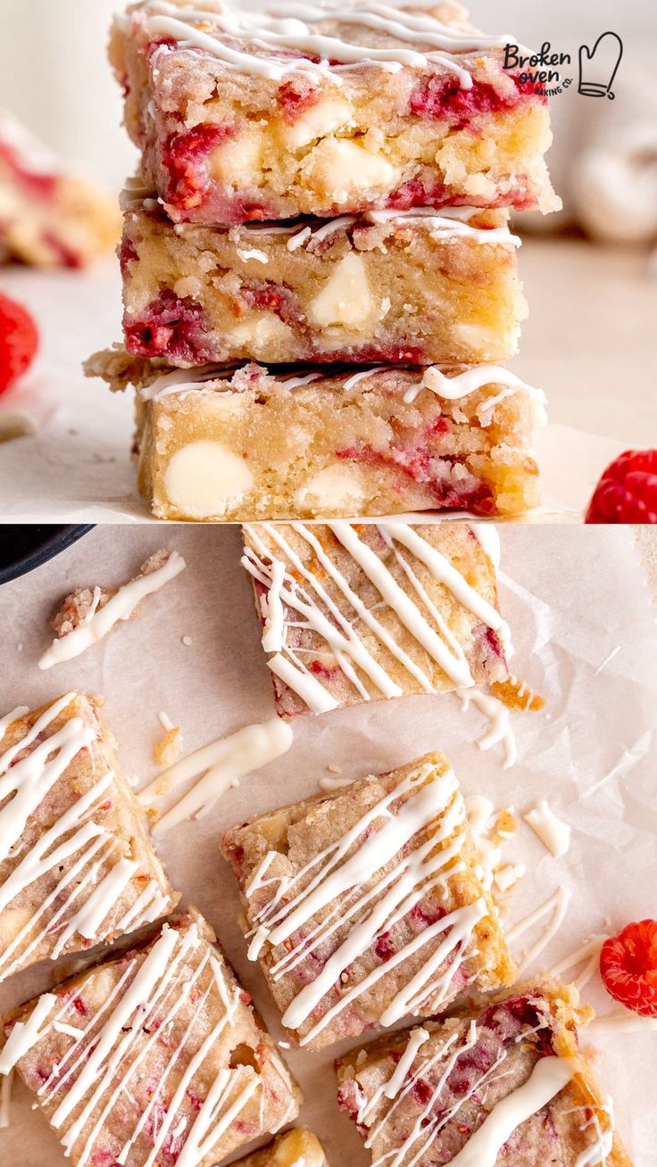 strawberry shortbreads with white chocolate drizzled on top and raspberries in the background