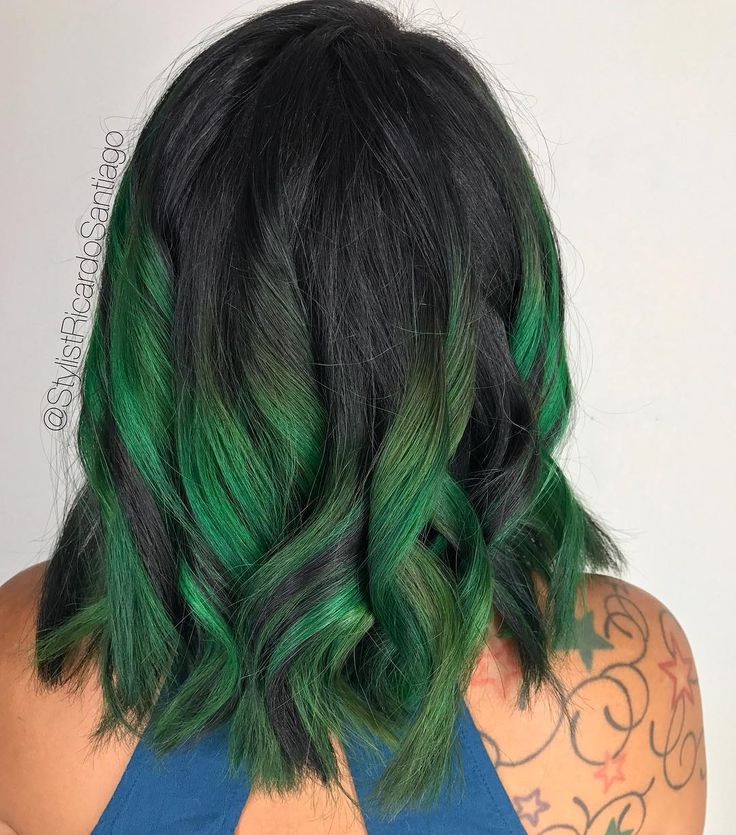 Emerald Green Highlights In Brown Hair, Goth Hair Dye Ideas, Green Roots Black Hair, Emerald Green Hair Color, Forest Green Hair, Green And Black Hair, Hairstylist Inspiration, Hair Chop, Black And Green Hair