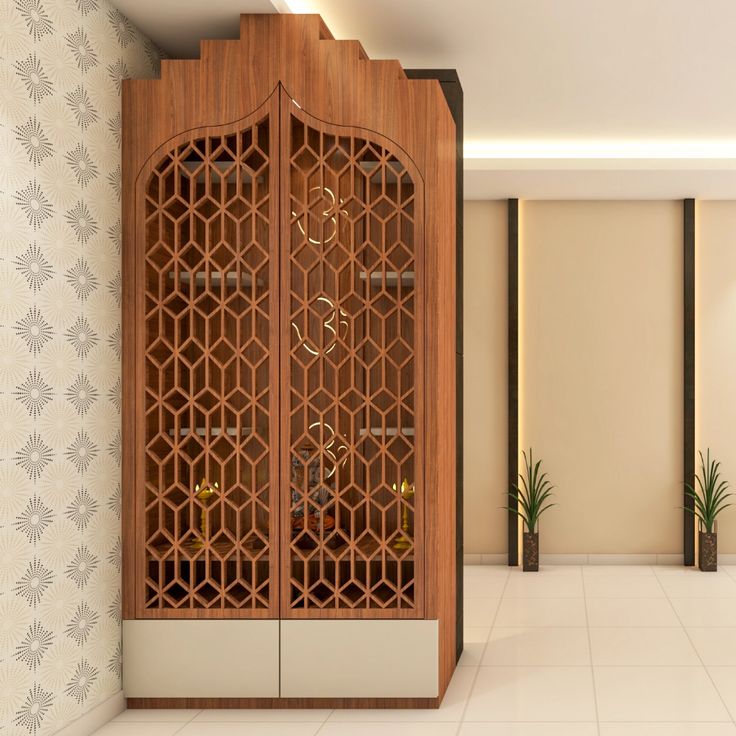 an empty room with a wooden cabinet in the center and potted plants next to it