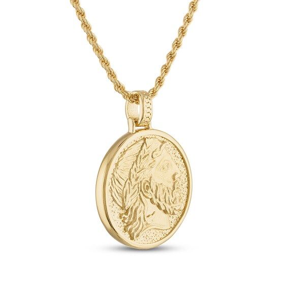 This mystical men's amulet necklace features a depiction of the ancient mythological figure, Zeus. 14K yellow gold-plated sterling silver The 24-inch rope chain secures in place with a lobster clasp. The signature "E" is stamped on the clasp to identify each piece as part of the 1933 by Esquire collection. Mythological Medallion Jewelry In Gold, Gold Mythological Jewelry With Coin Pendant, Gold Mythological Coin Pendant Jewelry, Mythological Style Gold Coin Pendant Jewelry, Gold Engraved Mythological Necklaces, Gold Engraved Mythological Necklace, Gold Mythological Engraved Necklace, Ancient Yellow Gold Jewelry For Collectors, Collectible Ancient Style Yellow Gold Jewelry