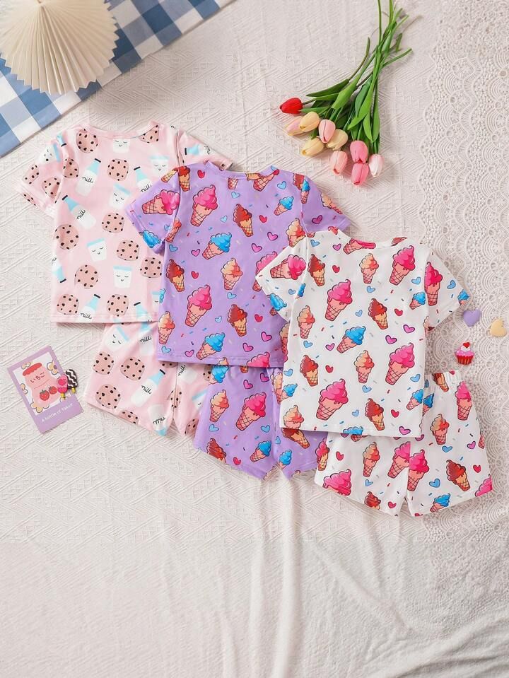 Multicolor Cotton Sleepwear With Cartoon Print, Spring Cartoon Print Sets For Bedtime, Spring Bedtime Sets With Cartoon Print, Spring Cartoon Print Loungewear Sets, Sweet Cotton Sleepwear For Pajama Party, Pink Cotton Sleepwear With Cartoon Print, Matching Sets For Spring Pajama Party, Cute Multicolor Cotton Sleepwear, Cute Multicolor Sleepwear For Loungewear