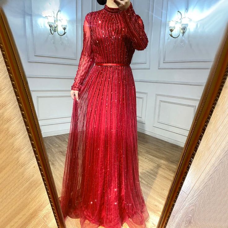 Burgundy Glamour: 2024 A-Line Muslim Evening Gown with Sparkling Beading and Long Sleeves Formal Parties, Rich Burgundy, Evening Dress Fashion, Beaded Gown, Women Formals, Burgundy Color, Beaded Dress, Ladies Party, Tulle Dress