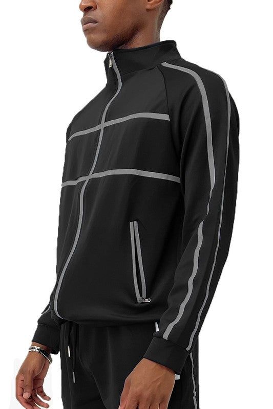 Full zip track jacket w/ zippered pockets 95% polyester, 5% spandex Nylon Track Jacket With Side Pockets, Black Functional Track Jacket With Zipper, Functional Black Track Jacket With Zipper, Black Sporty Track Jacket With Side Pockets, Functional Black Track Jacket With Zipper Closure, Sporty Black Track Jacket With Side Pockets, Functional Track Jacket With Zipper For Gym, Functional Gym Track Jacket With Zipper Closure, Functional Gym Track Jacket With Zipper