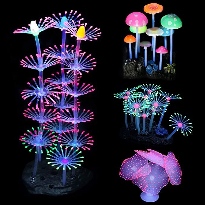 glow in the dark garden decorations with mushrooms, mushrooms and flowers on them are all different colors