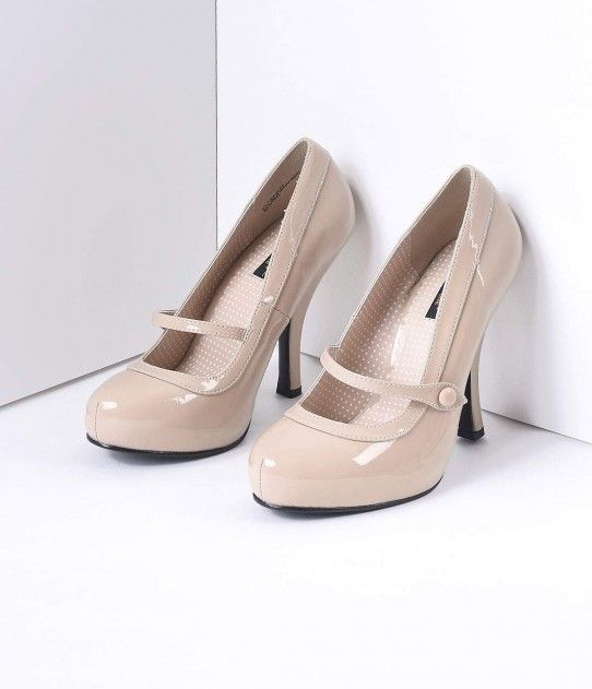 Nude Patent Leather Cutie Pie Pumps Retro Ankle Strap Heels For Formal Occasions, Retro Heels With Buckle Closure For Formal Events, Retro Court Shoes With 4-inch Heel For Party, Retro Heels With Heel And Ankle Straps, Retro High Heels With Heel Strap, Retro Heels With Ankle And Heel Straps, Vintage Heels With Heel Strap, Retro Heels With Heel Strap And High Heel, Retro High Heel With Heel Strap