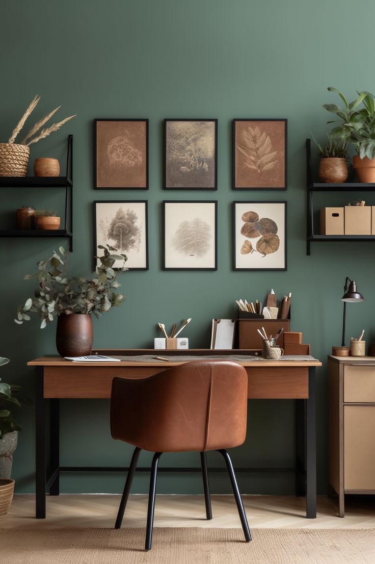 a home office with green walls and pictures on the wall above the desk, along with leather chairs