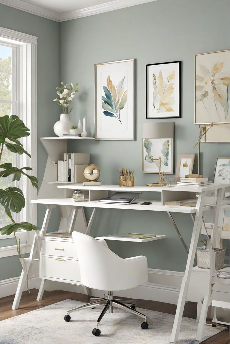 a white desk sitting in front of a window next to a potted green plant