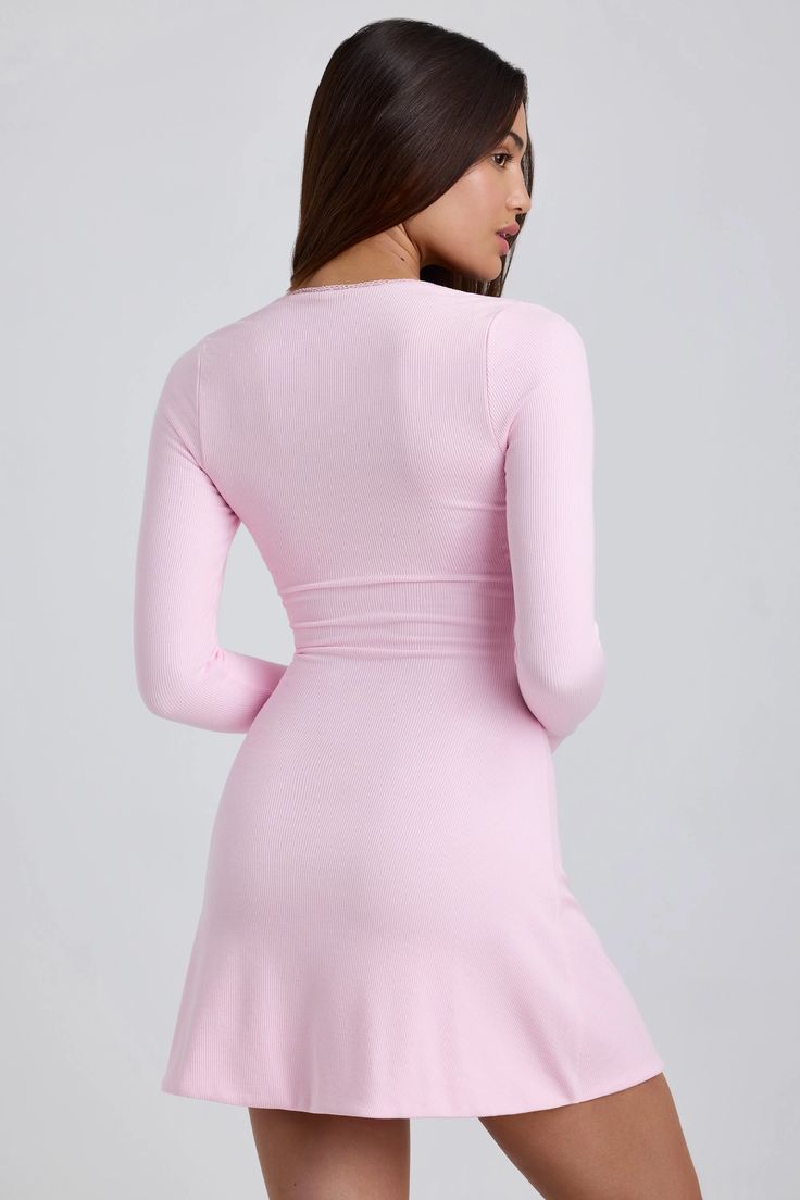 Ribbed V-neck Stretch Mini Dress, Spring Stretch Knee-length Bodycon Dress, Stretch Ribbed V-neck Mini Dress, Fit And Flare Mini Dress For Spring, Flattering Stretch Mini Dress, Spring Ribbed Bodycon Dress, Feminine Pink Stretch Mini Dress, Pink Stretch Mini Dress Feminine Style, Solid Color Stretch Mini Dress For Brunch