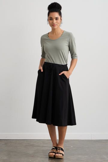 Black A Line Skirt, Cotton Midi Skirt, Line Skirt, Casual Black, Cotton Skirt, Knee Length Skirt, Pima Cotton, A Line Skirt, Half Sleeves