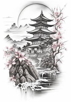 Chinese Temple Tattoo Design, Sleeve Tattoos For Women Unique, Japan Style Tattoo, Popular Tattoos For Women, Temple Tattoo Design, Pagoda Tattoo, Japanese Temple Tattoo, Cherry Blossom Tree Tattoo, Blossom Tree Tattoo