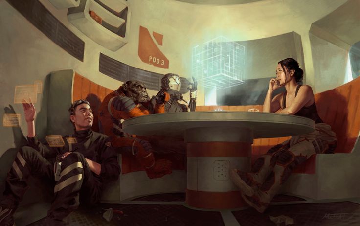 two people are sitting at a table in a futuristic space station, one is talking on the phone