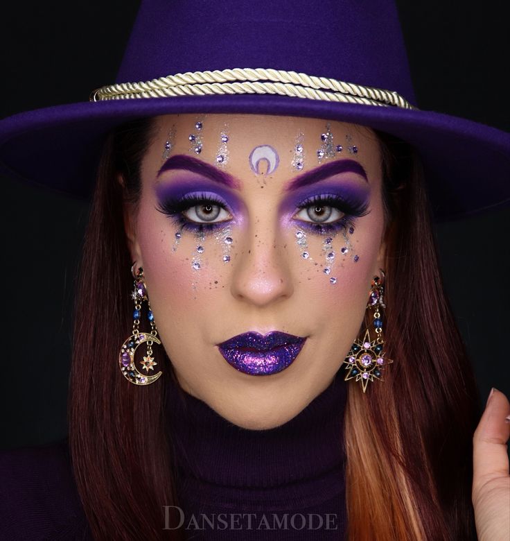 Witch Makeup With Jewels, Purple Witchy Eye Makeup, Purple Witch Eye Makeup, Witch Makeup Ideas Purple, Black And Purple Halloween Makeup, Celestial Witch Makeup Halloween, Purple Witch Eyeshadow, Purple And Black Witch Makeup, Witches Make Up Halloween