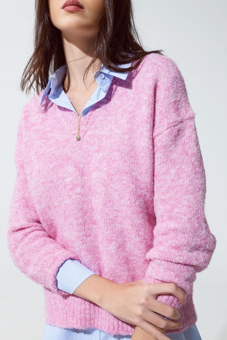 Embrace warmth and style with our Cozy Pink Fluffy Knit V-Neck Sweater, a must-have addition to your wardrobe for the cooler months. Charming Pink Color: This sweater comes in a trendy pink shade, perfect for adding a cheerful touch to your winter and spring ensembles. Luxuriously Soft Fluffy Knit: Crafted from a blend of 70% Polyester, 21% Polyamide, 8% Wool, and 1% Elastane, this sweater offers a fluffy and soft texture that's comfortable and cozy, ideal for chilly days. Flattering V-Neck Desi Trendy Knitted V-neck Sweater For Layering, Cozy Winter V-neck Polo Sweater, Pink Textured Knit V-neck Sweater, Trendy Pink V-neck Sweater, Chic V-neck Polo Sweater For Winter, Pink Knitted Sweater For Layering, Pink V-neck Sweater For Winter, Trendy Textured Knit Pink Cardigan, Pink Textured Knit Trendy Cardigan