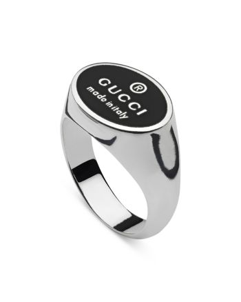 Gucci Sterling Silver Trademark Black Enamel Ring Engraved White Gold Gucci Jewelry, Classic Engraved Gucci Jewelry, Gucci Sterling Silver Jewelry With Polished Finish, Formal Engraved Gucci Jewelry, Modern Gucci Sterling Silver Jewelry, Designer Black Jewelry With Polished Finish, Classic Gucci Engraved White Gold Ring, Gucci White Gold Fine Jewelry Ring, Gucci Fine Jewelry White Gold Rings