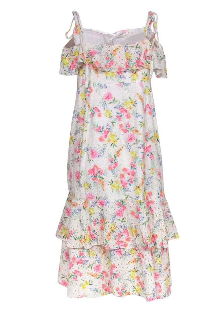 Go super sweet this spring with this romantic find from Yumi Kim! Made in a flowy maxi silhouette with a colorful floral print adorning a delicate eyelet design, this cotton creation is perfect for wherever those warm months take you. Whether you're off to an outdoor wedding or swanky backyard soiree, pair this ethereal beauty with colorful wedges and statement earrings and you'll be looking fab and fresh throughout the season! Size 16 100% Cotton Concealed back zipper Lined Notch neckline w/ ti Backyard Soiree, Colorful Wedges, French Girl Chic, Yumi Kim, Feminine Dress, Ethereal Beauty, French Girl, Size 16 Dresses, Super Sweet