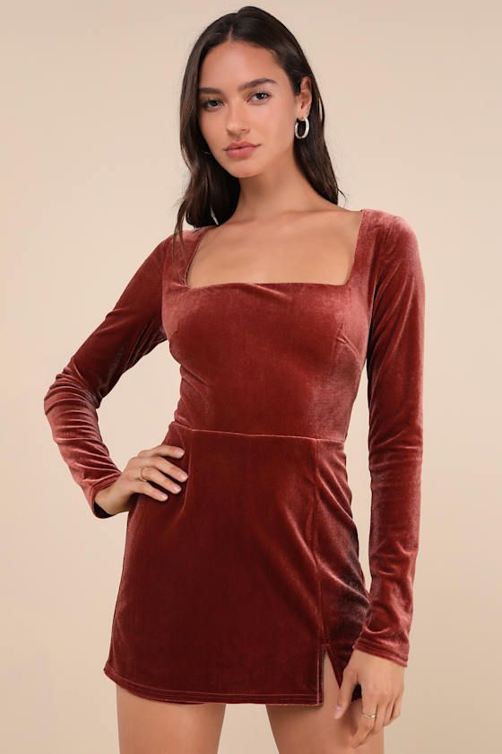 You'll love any occasion where you have a reason to wear the Lulus Admirable Aura Rust Velvet Long Sleeve Skort Romper! Stretchy luxe velvet shapes this cute romper that features a darted bodice and a trendy square neckline, framed by long sleeves. The fitted waist sits above a skirt-like overlay with a notched hem, that creates a trendy skort effect atop flirty shorts. Hidden back zipper/clasp. Fit: This garment fits true to size. Length: Above mid-thigh. Size medium measures 30.25" from shoulder to hem. Bust: Great for any cup size. Waist: Fitted - very fitted at natural waist. Hip: Loosely Fitted. Undergarments: May be worn with a strapless bra, adhesive bra, petals, or no bra. Fabric: Fabric is very stretchy. Unlined. Shell: 97% Polyester, 3% Spandex. Lining: 100% Polyester. Hand Wash Trendy Skort, Skort Romper, Adhesive Bra, Cute Rompers, Strapless Bra, Square Neckline, Apparel Accessories, Jumpsuit Romper, Aura