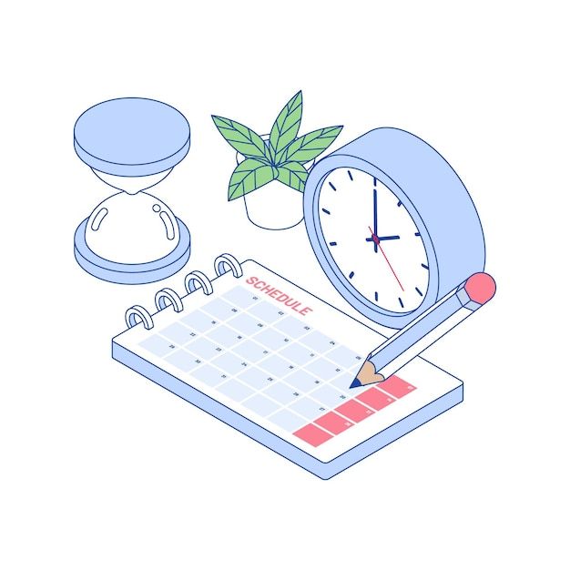 a calendar, pen and clock on a white background