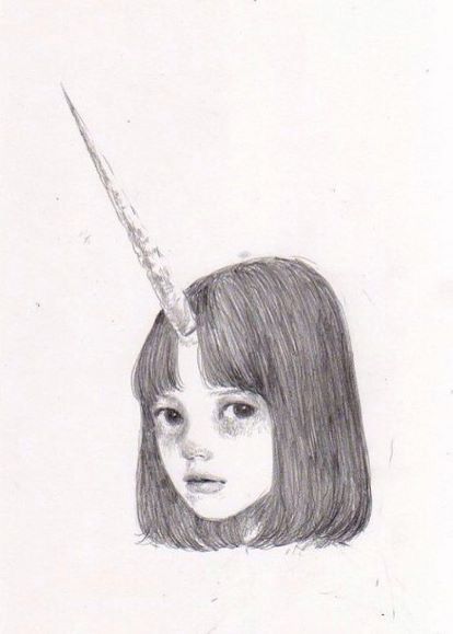 a pencil drawing of a girl with a knife on her head