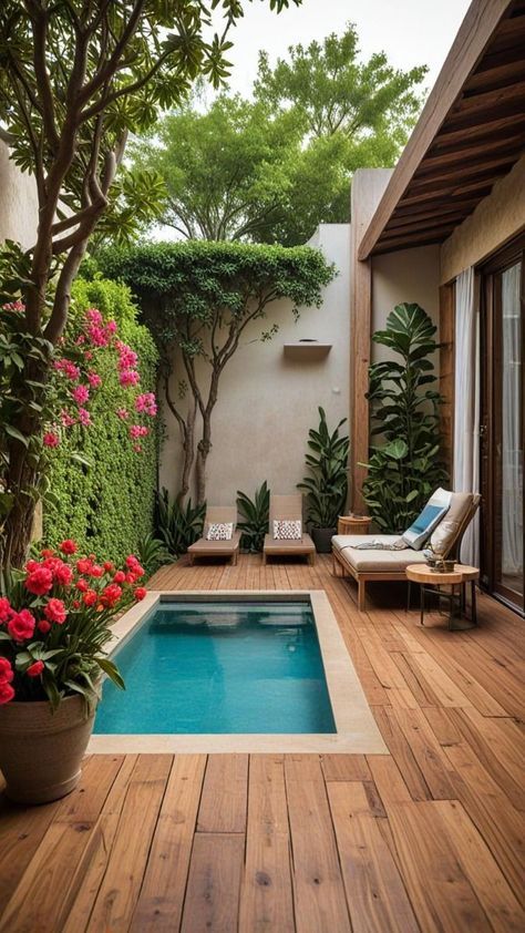 a small swimming pool in the middle of a wooden decked area with chairs and potted plants