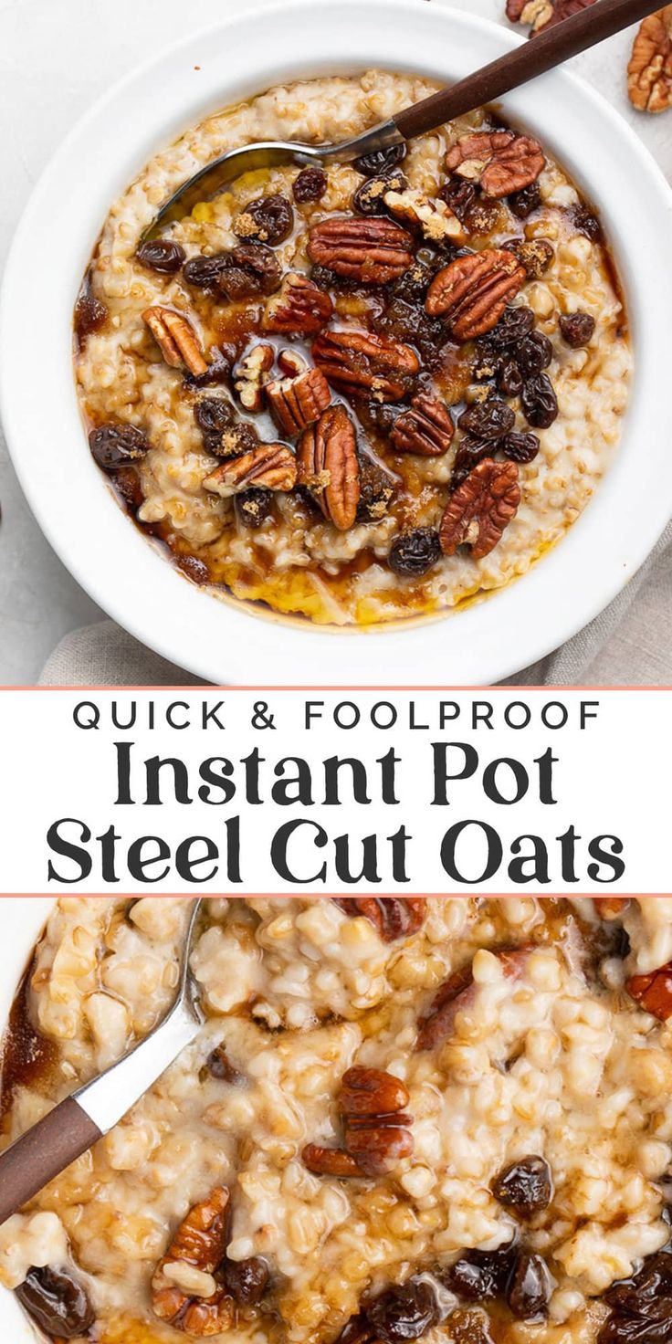 instant pot steel cut oats with pecans and raisins in a white bowl