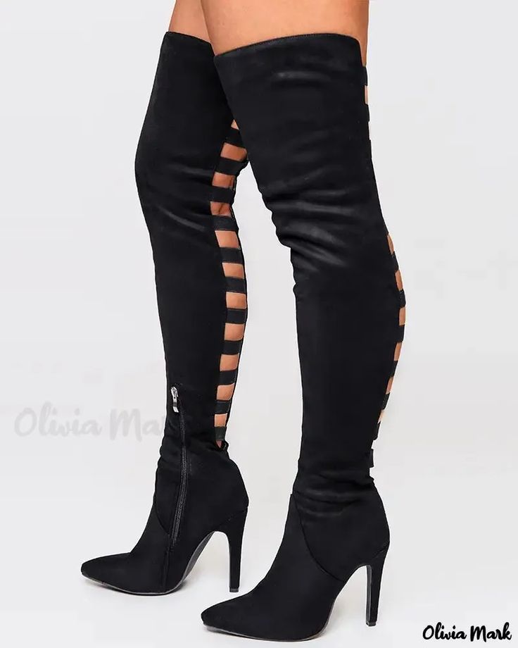 Olivia Mark - Cut-out back stiletto boots Knee High Stiletto Boots, Turtleneck Tank Top, Peep Toe Boots, Lantern Sleeve Dress, Chic Type, Cutout Design, Stiletto Boots, Pointed Toe Heels, Denim Coat