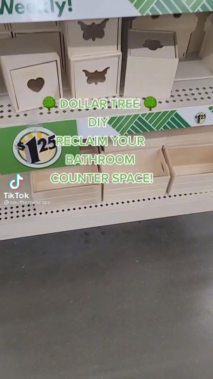 there are many boxes on the shelf in this store that is labeled dollar tree diy reclaim your bathroom counter space