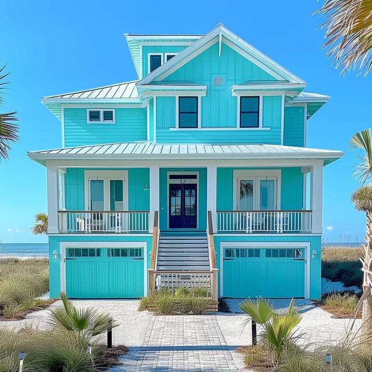 a blue house on the beach with palm trees