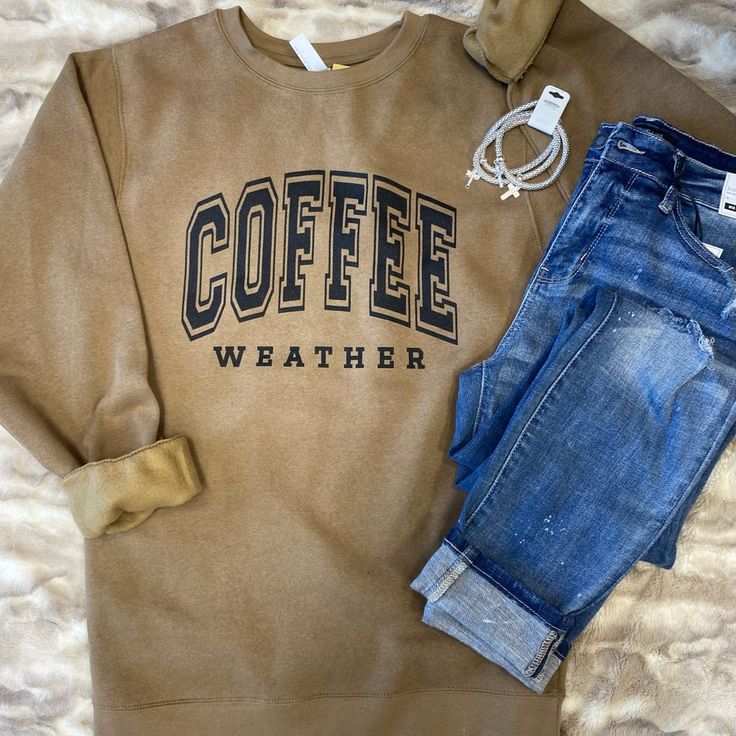 Lat Brand, Coyote Brown Sweatshirt With “Coffee Weather” Image Screen Printed In Black Ink. These Sweatshirts Run True To Size And Are 60/40 Cotton/Polyester Blend. These Are New With Tags And Made & Sold In Our Store. Sweater Weather Sweatshirt, Comfortable Brown Tops For Fall, Everyday Brown Letter Print Tops, Brown Graphic Print Sweatshirt For Fall, Coffee Colored Tops With Letter Print For Fall, Coffee Letter Print Tops For Fall, Brown Casual Sweatshirt With Relaxed Fit, Coffee-colored Graphic Print Sweatshirt For Fall, Relaxed Fit Coffee Color Tops For Fall