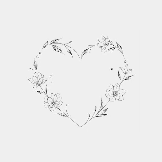 a heart shaped frame with flowers and leaves on the side, drawn in black ink