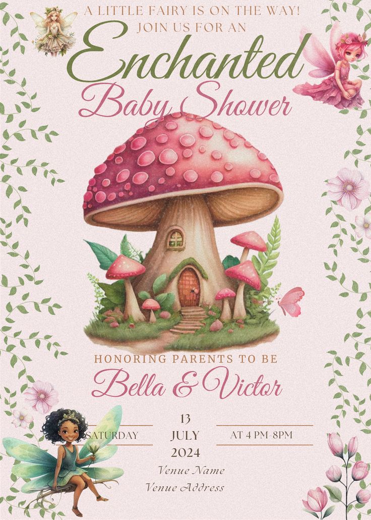 a baby shower with a mushroom house and fairy on the front, surrounded by pink flowers