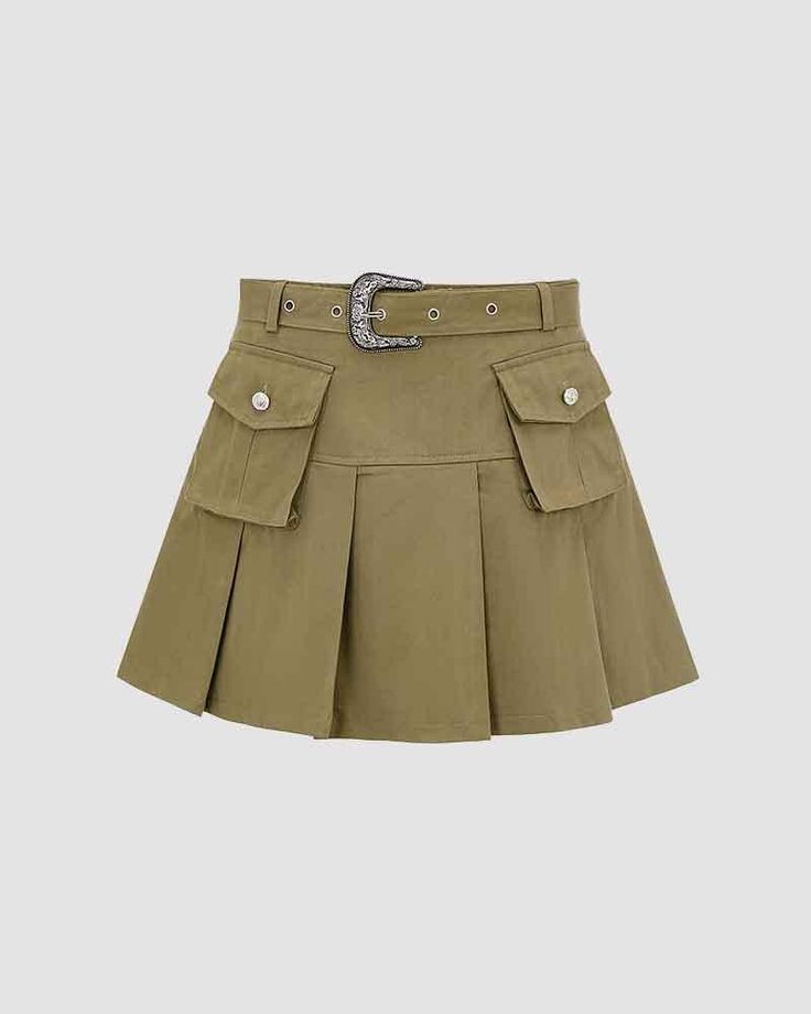 Details: Cargo pleated skirt with belt and pockets designSkirt Length: ShortMaterials:95% Polyester + 5% Spandex