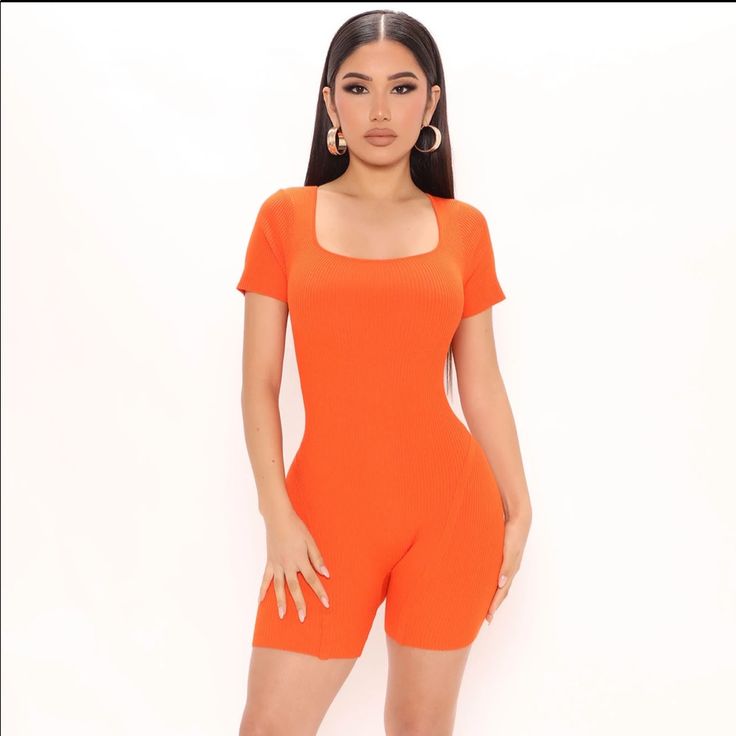 Fashion Nova Romper Nwt Rayon & Polyster Material Mix Cute For Spring/Sunmer Fitted Casual Summer Jumpsuits And Rompers, Summer Stretch Solid Jumpsuits And Rompers, Casual Fitted Bodysuit For Vacation, Orange Stretch Bodysuit For Summer, Stretch Orange Bodysuit For Summer, Summer Bodysuit For Loungewear, Casual Fitted Jumpsuits And Rompers For Beach Season, Orange Fitted Jumpsuits And Rompers For Spring, Fitted Short Sleeve Bodysuit For Vacation