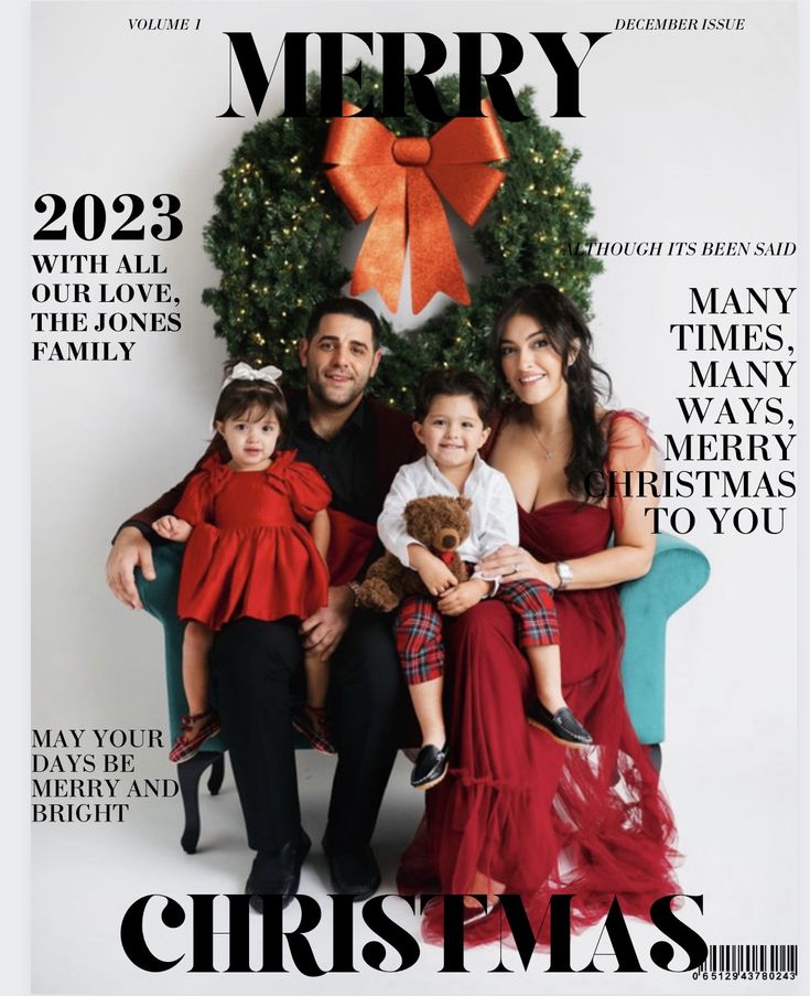 a man and woman sitting next to two children on a cover of a christmas magazine