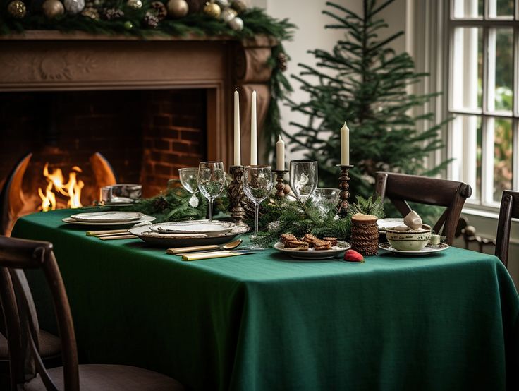 a dining table set for christmas dinner with candles and greenery on the table in front of a fireplace