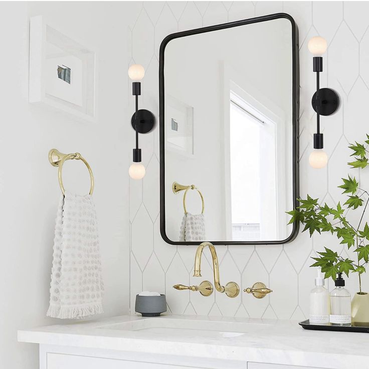 a bathroom with a mirror, sink and plants on the counter in front of it