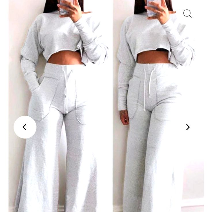 This Is A Large Unbranded 2 Piece Wide Leg Lounge Sweatsuit. Similar To What You Would Find At Asos Or Zara. White Matching Set Tops For Loungewear, Fall White Crew Neck Sets, Casual Long Sleeve Two-piece Tops, Casual Fall Matching Set Bottoms, Casual Matching Set Bottoms For Fall, Casual Long Sleeve Bottoms Matching Set, Two-piece Long Sleeve Tops For Fall, Casual White Two-piece Set Top, White Casual Two-piece Top Set