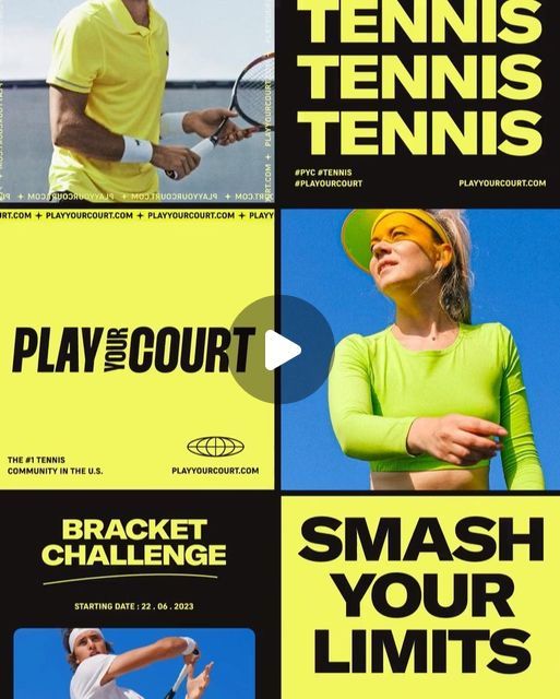 an advertisement for tennis is shown in three different colors and font options, including the words smash your limits