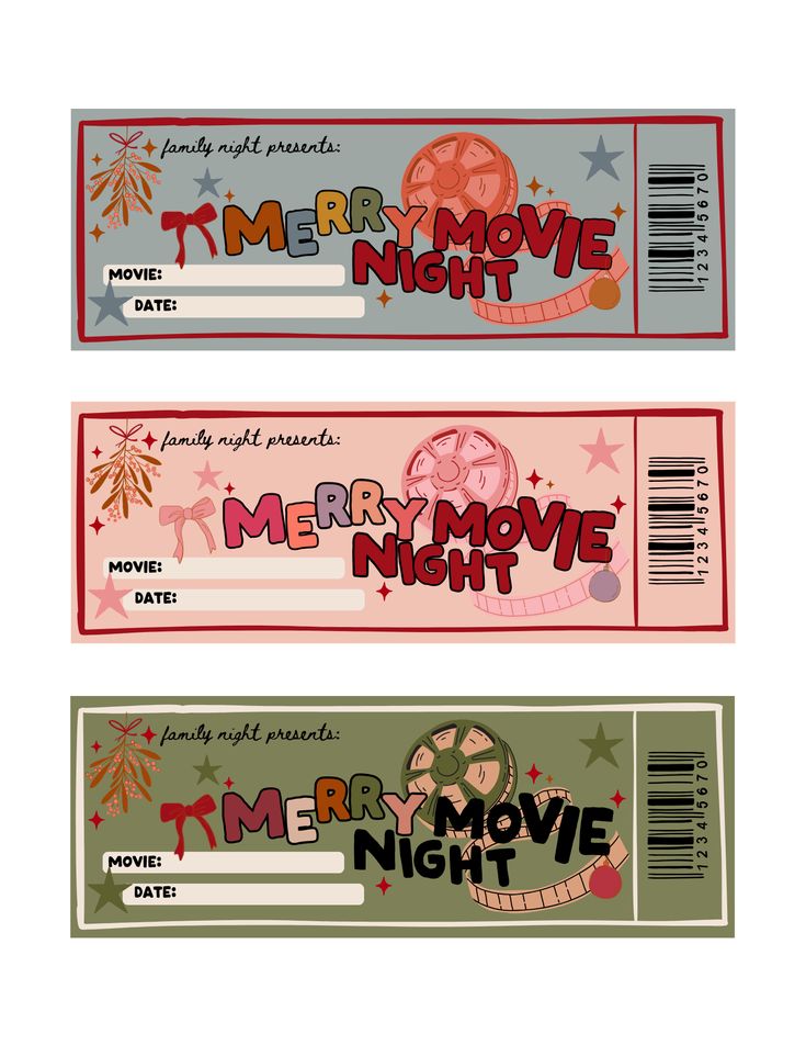 two movie tickets with the words merry movie night on them