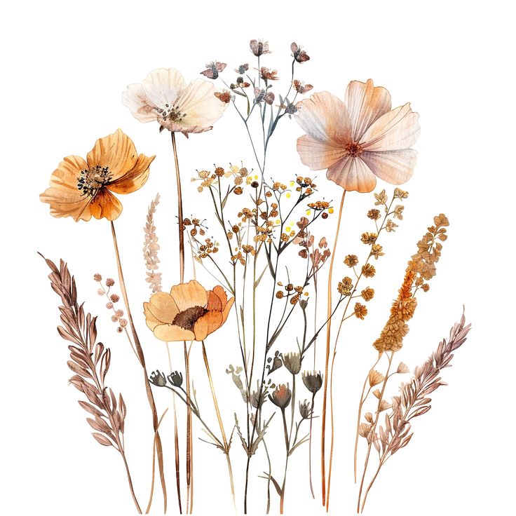 an arrangement of wildflowers and grasses on a white background with watercolor effect