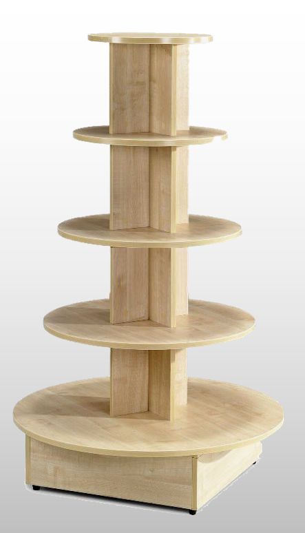 three tiered wooden display stand with four shelves on each side and one shelf in the middle