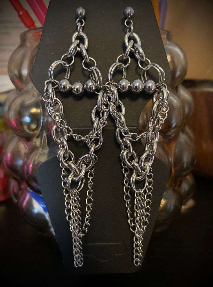 Ghotic earrings made of durable stainless steel chains, rings and beads Gothic Stainless Steel Silver Chain Jewelry, Metal Chain Drop Earrings, Silver Metal Chain Ring Gift, Silver Chain Metal Ring As Gift, Silver Chain Metal Ring For Gift, Silver Chain Link Ring Made Of Metal, Silver Metal Chain Link Ring, Silver Stainless Steel Jewelry With Beaded Chain, Sterling Silver Punk Style Chain Jewelry