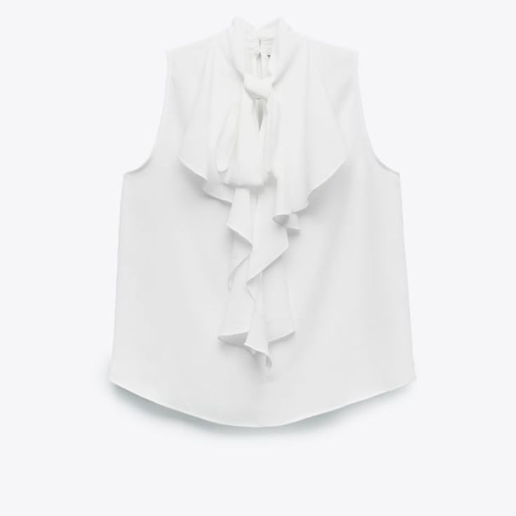 Zara Nwt High Collar Top With Ruffles. Sleeveless Design With V-Neckline. Back Button Closure. Oyster White 9878/175 Chic V-neck Blouse, Chic V-neck Ruffled Camisole, Spring Office V-neck Tank Top, V-neck Tank Top For Office In Summer, Casual Summer Office Tank Top, Elegant Spring Workwear Camisole, Elegant Spring Camisole For Work, Chic Tank Blouse For Work, Spring Office Vest Tops