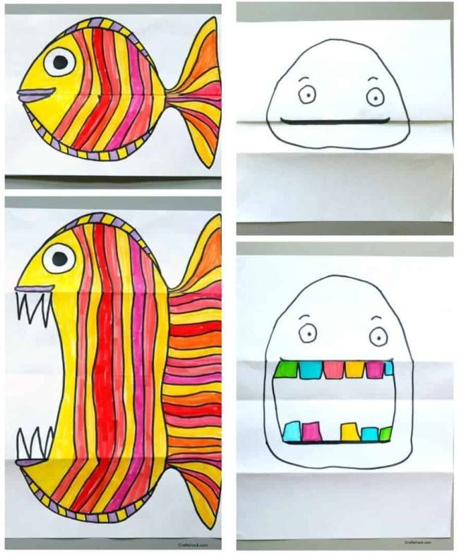 four different colored paper bags with fish drawings on them