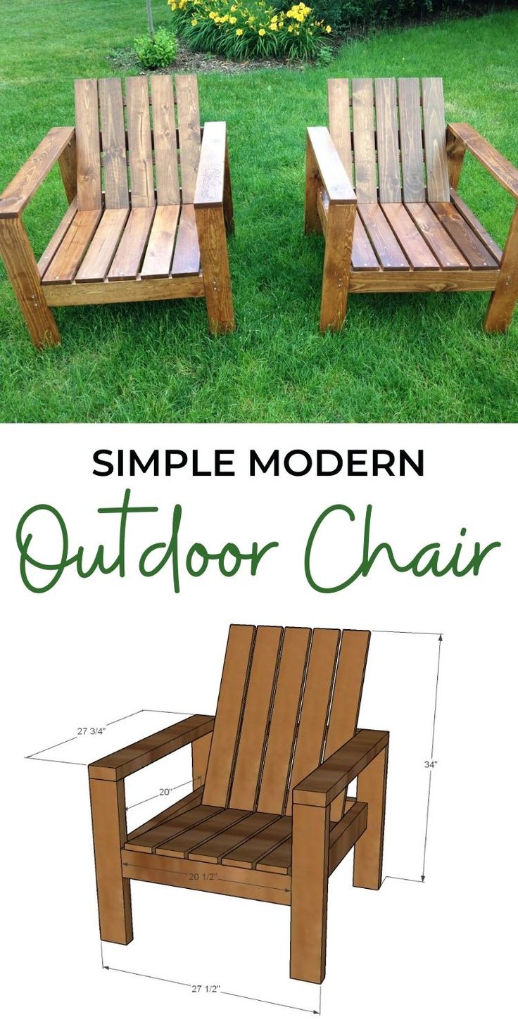 two wooden chairs sitting next to each other in the grass with text overlay that reads simple modern outdoor chair