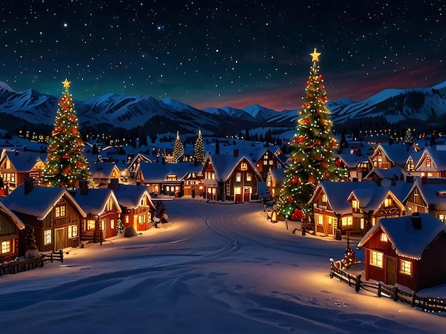 a snowy village with christmas trees and lights in the night sky, surrounded by snow covered mountains