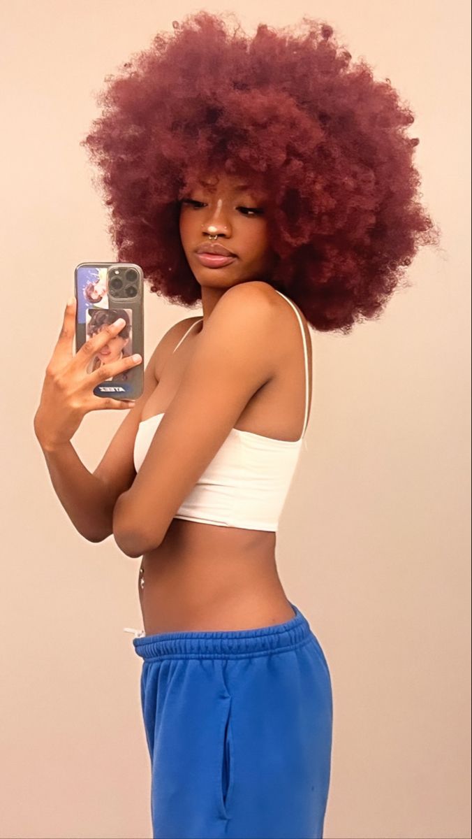 Colored Afros Black Women, Maroon Natural Hair Black Women, Red 4c Hair Black Women, Afro Hair Dye Colors, Dark Red 4c Hair, Coloured Afro Hair, Red 4c Natural Hair, Red Hair 4c, Red Afro Hair Natural 4c