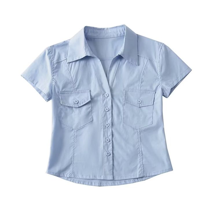 F00172727-205 Short Sleeve Blouses For Women, Collared Shirt Women, Collar Shirts Women, Blouse Korean Style, Shirts Style, Short Blouses, Colorful Crop Tops, Spring Fashion Outfits, Summer White